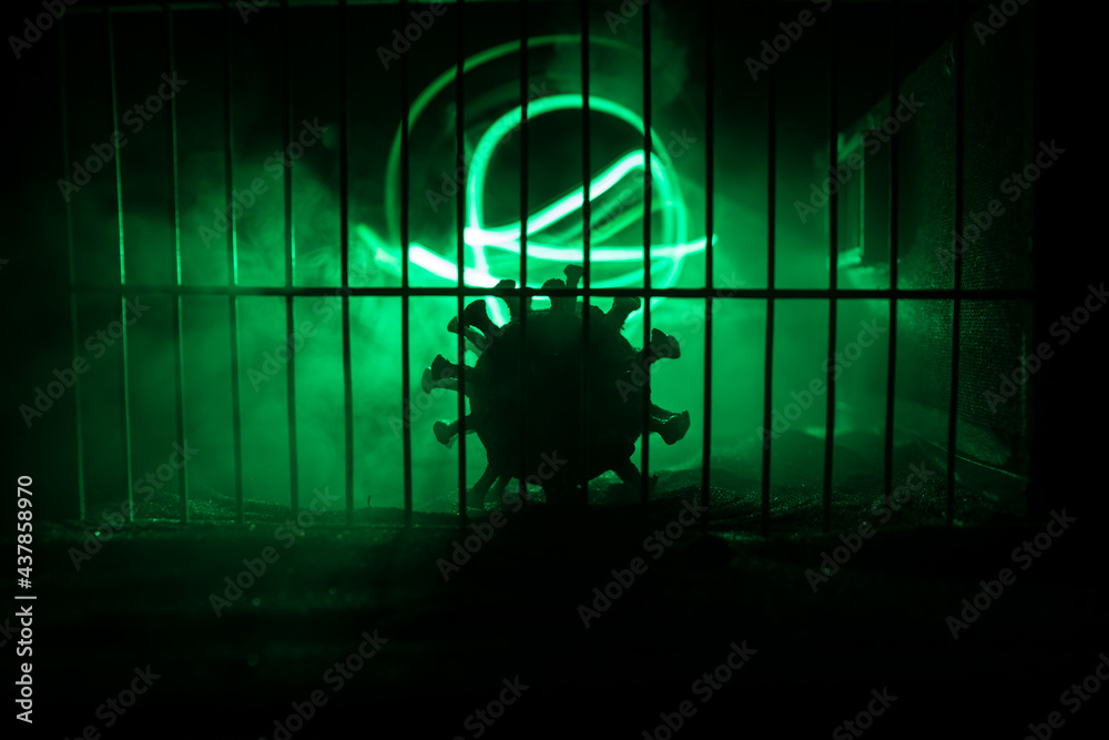 Prison or jail cell wall with window with bars, exterior perspective, COVID-19 corona virus disease pandemic outbreak, Coronavirus spreading among inmates, SARS-CoV-2 in correctional facility complex - obrazy, fototapety, plakaty 