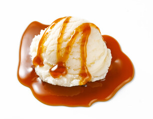 Aufkleber - Scoop of ice cream with caramel sauce isolated. Ice cream on white background. Perfect image for package design of ice cream.
