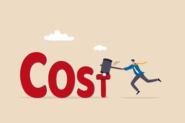 Cost reduction, business and company to keep cost low, cut spending or expense deduction in budget plan concept, businessman CFO reduce cost by hammer T alphabet nail on the word COST.