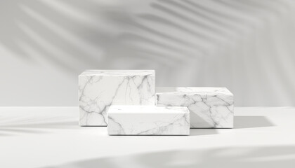 Marble podium  for product showcase. White marble product display pedestal. Natural light copy space. Minimal abstract cosmetic background for product presentation. Product backdrop