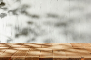 Wall Mural - wooden rustic table with leaf shadows in the kitchen interior on a beautiful sunny day