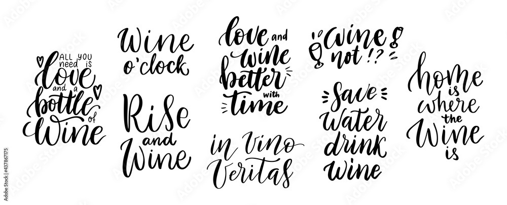 Wine vector quote set. Positive funny sayings for poster in cafe and bar, t shirt design. Kitchen funny typography poster set about love for wine. Vector illustration isolated on white background - obrazy, fototapety, plakaty 