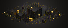 Abstract Vector Design With Cluster Of 3D Cubes With Golden Elements Vector Design, Luxury Color Style, Jewelry Classy Elegant Geometric Design, Shiny Gold Realistic Abstraction.
