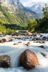 Powerful mountain river White Lütschine in the mountains of Grindewald, Switzerland 