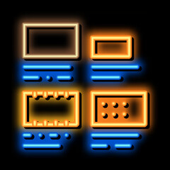 Poster - Brick Types Sizes neon light sign vector. Glowing bright icon Brick Types Sizes sign. transparent symbol illustration