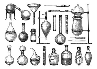 Alchemy laboratory equipment sketch. Magic, witchcraft, and mysticism glassware illustration. Alchemy bottle in engraved style. Hand drawing.