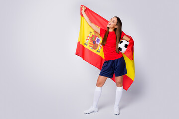 Sticker - Full body photo of crazy joy lady cheering soccer team 2020 tournament hold spain national flag leather ball wear football uniform t-shirt shorts cleats socks isolated white color background