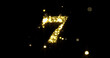 Number seven glitter gold. Golden glittering number 7 with glister light and shiny sparks on black background