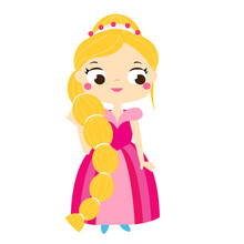 Cartoon Girl In Beautiful Pink Dress. Cute Princess.