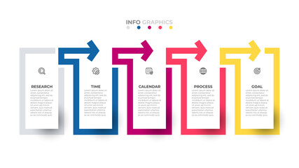 Vector illustration infographic template design label with icon and arrow. Business concept with 5 options or steps. Can be used for workflow diagram, info chart, web design.