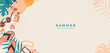 Tropical summer vector banner.Doodle beach accessories on sandy.Vacation concept with sunglasses, palm leaves, bag.Top view.Border frame design with copy space on beige background for media,cover,post