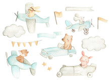 Cars And Planes Woodland Baby Nursery Animals Watercolor Illustration Pattern 