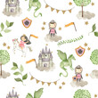 Fairy tale Princess and Knight watercolor illustration seamless  pattern  white 