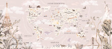 Children's World Map With Animals And Attractions In Russian. Photo Wallpapers For The Children's Room.