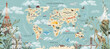 Children's world map with animals and attractions in Russian. Photo wallpapers for the children's room.
