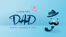 Happy Father's Day Poster And Banner Template With Cute Illustration On Blue Background. Vector Illustration For Greeting Card, Shop, Invitation, Discount, Sale, Flyer, Decoration.