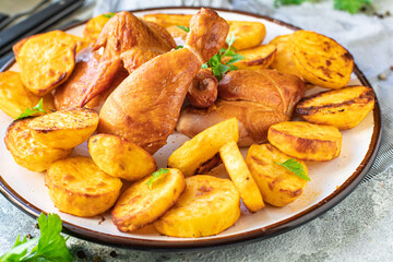 chicken pieces and potatoes fried , baked vegetable poultry meat organic dish on the table healthy food meal snack copy space food background rustic 