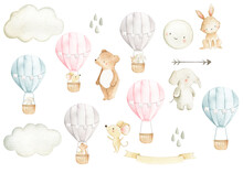 Hot Air Balloon  Watercolor Woodland Animals Set Illustration