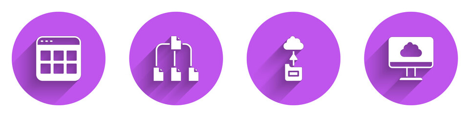 Aufkleber - Set Browser files, Folder tree, Cloud technology data transfer and icon with long shadow. Vector