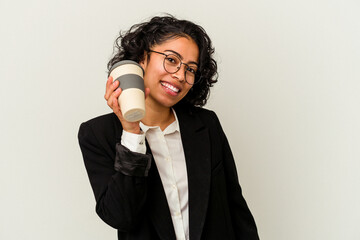 Young caucasian business woman holding a takeaway coffee