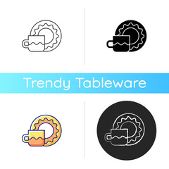 Poster - Cup and saucer set icon. Dinning accessories for tea party. Container for drinking hot liquids. Kitchen accessories. Linear black and RGB color styles. Isolated vector illustrations