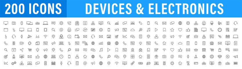 Fototapete - Set of 200 Technology and Electronics and Devices web icons in line style. Device, phone, laptop, communication, smartphone, ecommerce. Vector illustration.