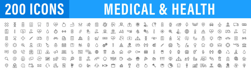 Set of 200 Medical and Health web icons in line style. Medicine and Health Care, RX, infographic. Vector illustration.