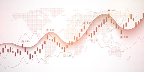 Poster - Abstract financial chart with uptrend line graph and world map on black and white color background. Business Candle stick graph chart of stock market investment trading. Vector illustration