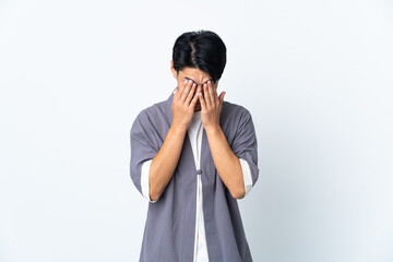 Poster - Young Chinese man isolated on white background with tired and sick expression