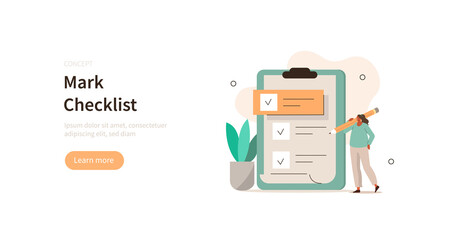 Poster - character holding pencil and filling big checklist. woman putting check mark on checklist in survey 