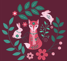 Vector Illustration Of Stylized Ethnic Fox, Rabbits And Floral Elements In Pink And Green Colour Scheme