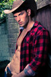 Handsome cowboy looking at camera wearing hat with open chequered shirt revealing defined pecs and sixpack abs