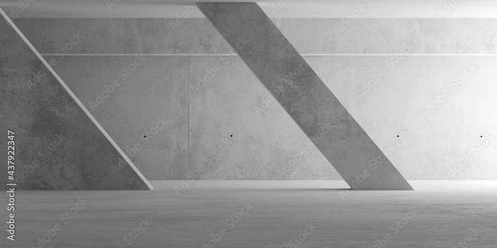 Abstract empty, modern concrete room with indirect lighting from right with diagonal pillar and rough floor - industrial interior background template - obrazy, fototapety, plakaty 