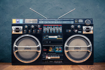 retro boombox ghetto blaster outdated portable black radio receiver with cassette recorder from 80s 