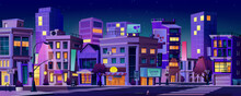 Cityscape With Skyscrapers And Roads, Illuminated Street At Nights. Downtown Or Business Center, Financial District Of Town Or Megapolis. Skyline Of Modern Metropolis. Cartoon Vector In Flat Style