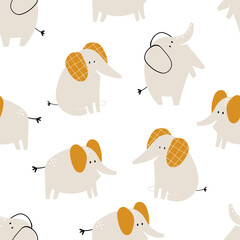 Vector hand-drawn colored childish seamless repeating simple flat pattern with cute elephants in Scandinavian style on a white background. Cute baby animals. Pattern for kids. African animals.