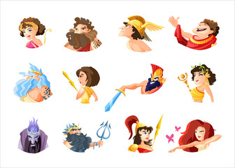 Old greek gods cartoon figures set with dionysus zeus poseidon aphrodite apollo athena vector illustration