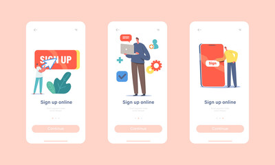 Poster - New User Online Registration and Sign Up Mobile App Page Onboard Screen Template. Tiny Characters Signing Up