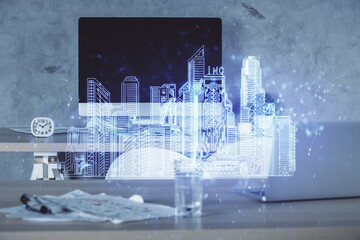 Poster - Multi exposure of town drawings and office interior background. Smart city concept.