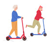 Old and young woman riding electric walk scooters. Mother and daughter driving e-scooters together. Alternative modern eco urban transport. Flat vector illustration isolated on white background 