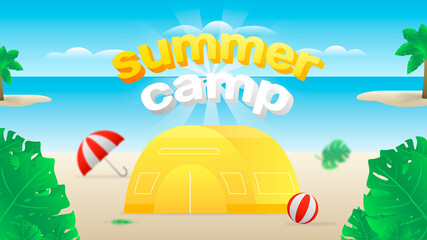 Wall Mural - Summer Camp on beach with balloon and umbrella. Background Illustration with editable text.