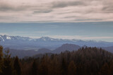 Fototapeta Na ścianę - mountain peaks with dark brown forest and cloudy skies