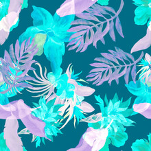 Green Watercolor Leaves. Turquoise Flower Backdrop. Coral Seamless Print. Pink Pattern Decor.Tropical Texture.Isolated Background.Fashion Plant. Art Leaves.