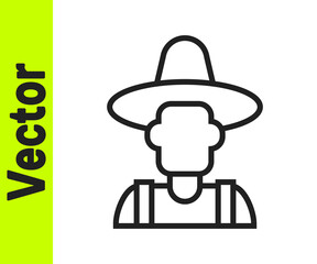 Poster - Black line Farmer in the hat icon isolated on white background. Vector