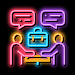 Poster - business discussion at the meeting neon light sign vector. Glowing bright icon business discussion at the meeting sign. transparent symbol illustration