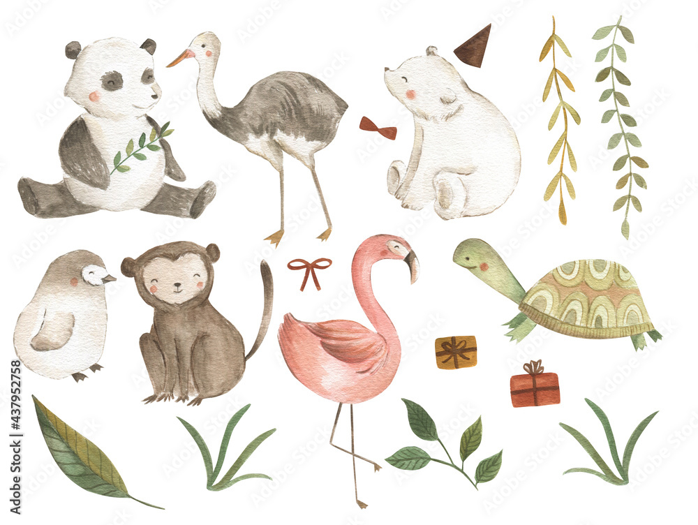 Watercolor Jungle Safari Animals Pattern Illustration set Stock ...