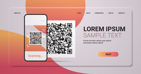 Poster - scanning QR code on smartphone screen electronic digital technology machine readable barcode verification concept