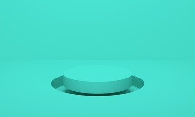 Poster - Cylindrical podium for cosmetics on turquoise background. Backdrop design for product promotion. 3d rendering