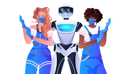 Poster - robotic janitor with women cleaners standing together cleaning service artificial intelligence techn