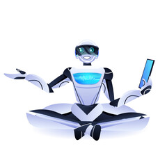 Poster - modern robot sitting lotus pose robotic character using tablet pc artificial intelligence technology